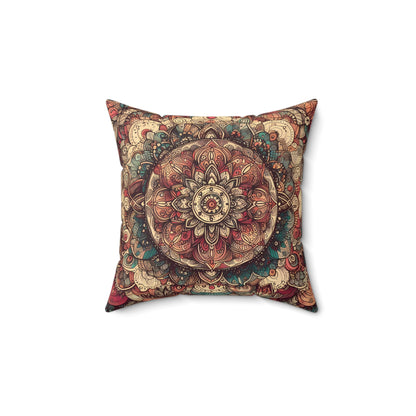 Square Faux Suede Pillow - Boho Floral Mandala, Turquoise, Red, Creme Tones (Cover + Pillow Included)