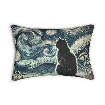 Lumbar Pillow - Enchanted Night with Black Cat and Whimsical Clouds