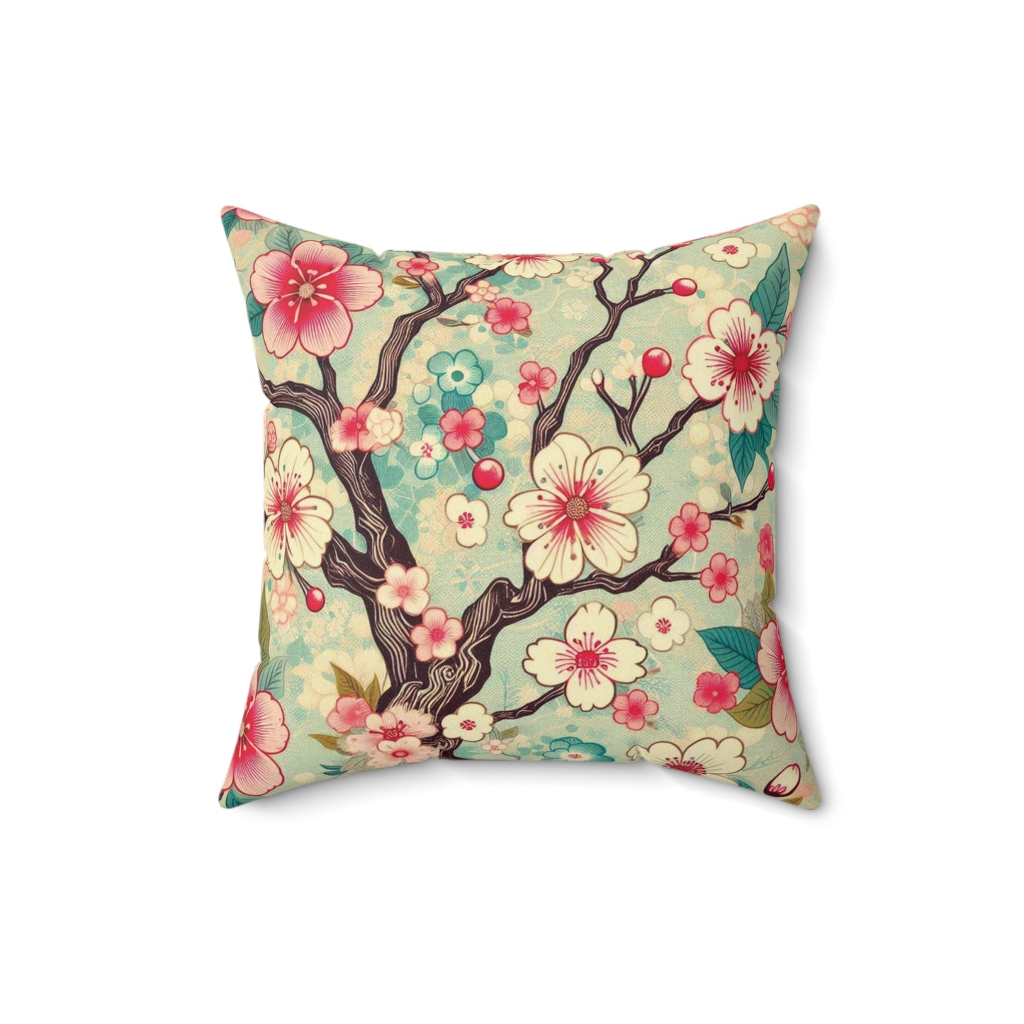 Retro Cherry Blossom Faux Suede Pillow - Bright Pink & Teal Decorative Throw Pillow - Soft Accent Pillow for Sofa, Bed, Lounge