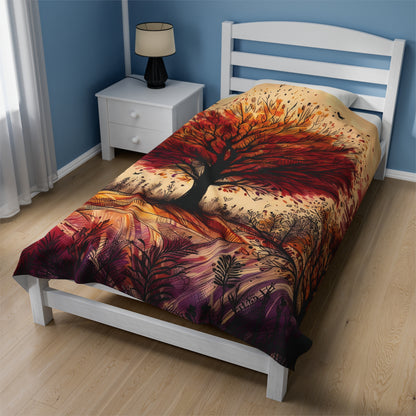 Velveteen Plush Autumn Blanket - Vibrant Tree on a Hill