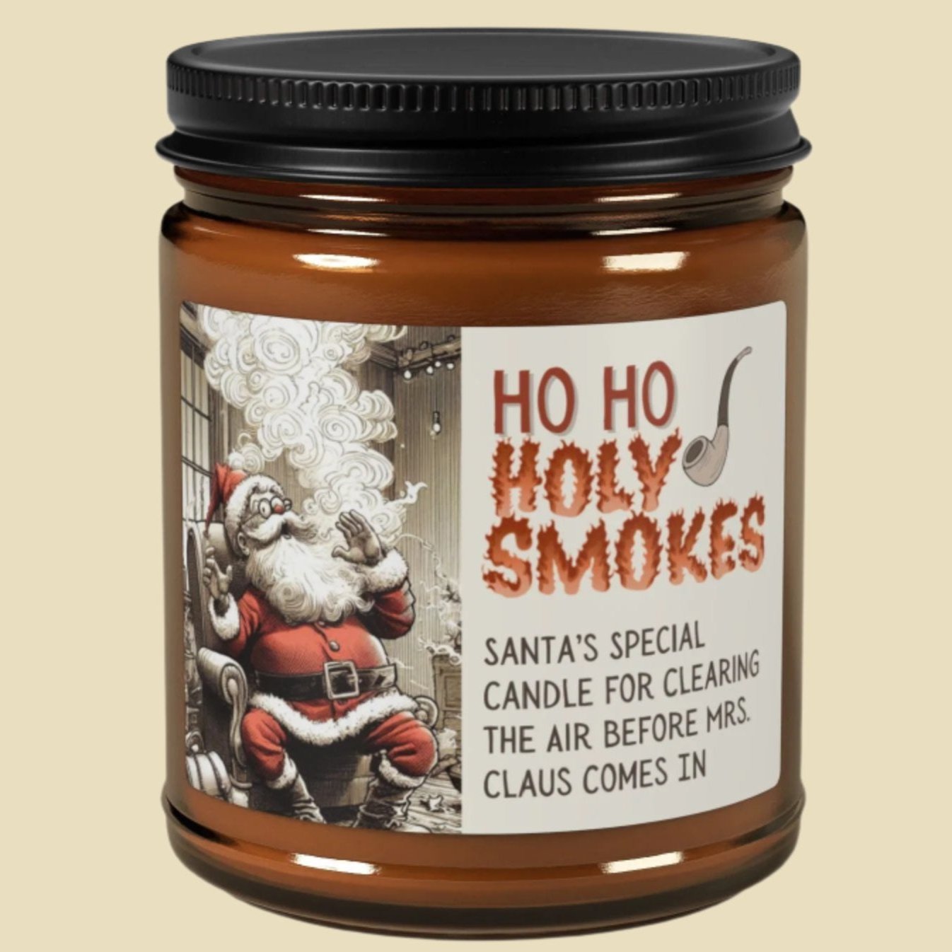 Santa's 'Ho Ho Holy Smokes' Candle  - Funny Christmas Candle with Soy Wax in Amber Jar for Holiday Decor or Gifting