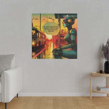 Funny Canvas Print - Retro Sci-Fi Robot Bus Stop Graphic Novel Art, Watercolor Style, Sunset, Moody, Futuristic, Matte Wall Art, Stretched Canvas