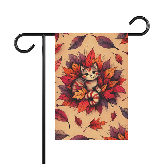 Porch or Yard Flag / Garden Banner - Whimsical Autumn Kitty in Leaves