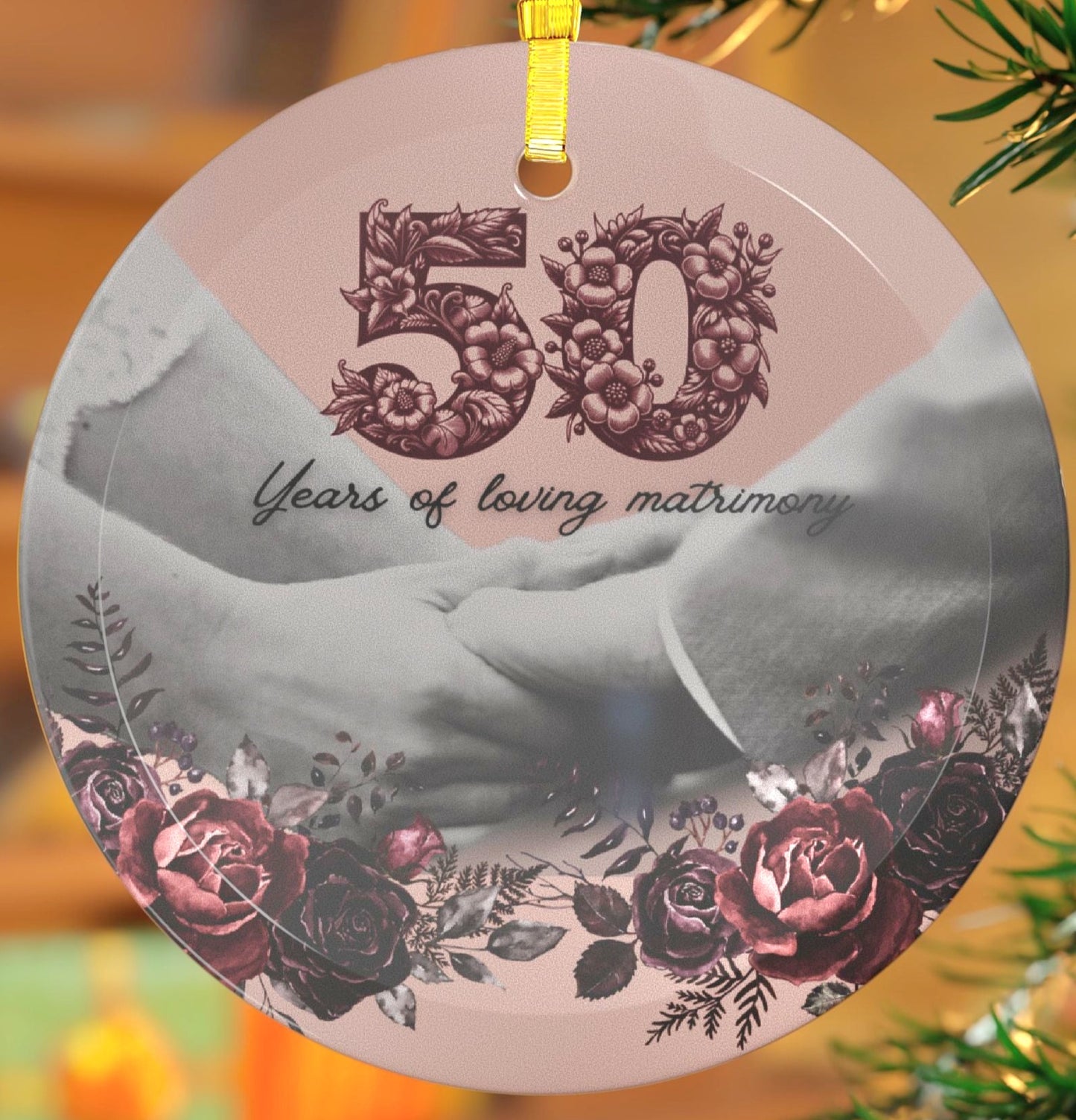 Personalized Glass Anniversary Ornament with Custom Year + Photo of Couple -  Vintage Victorian Rose