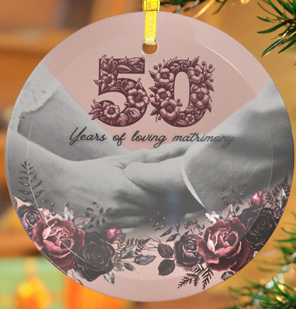 Personalized Glass Anniversary Ornament with Custom Year + Photo of Couple -  Vintage Victorian Rose