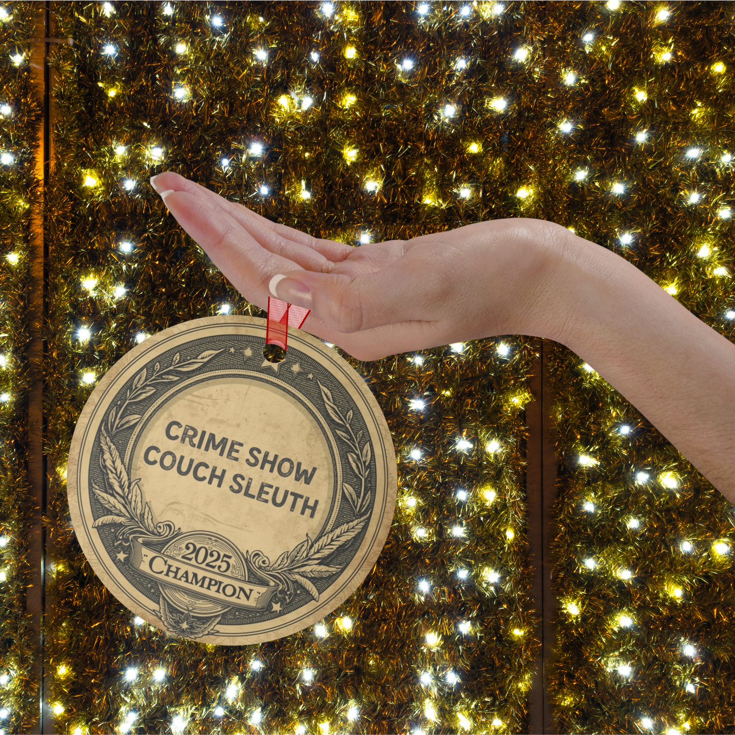 Crime Show Couch Sleuth Ornament: 2025 Record Holder, Funny TV Detective Award, True Crime Fan Holiday Gift