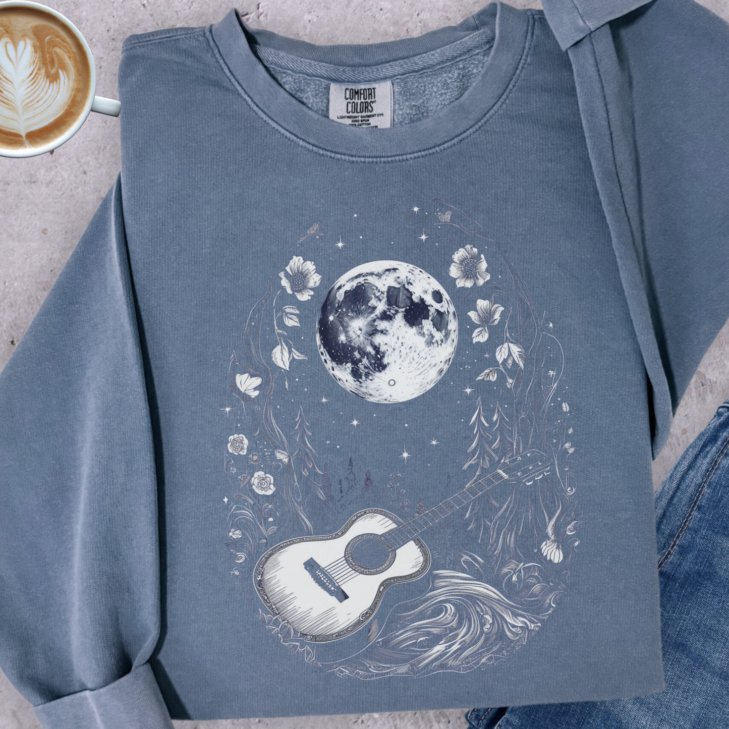 Moonlit Guitar Sweatshirt | Comfort Colors Crewneck | Forest Music Art