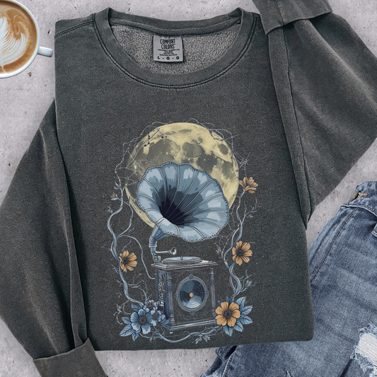 Moonlight Serenade Sweatshirt | Gramophone & Full Moon Design | Comfort Colors Crewneck