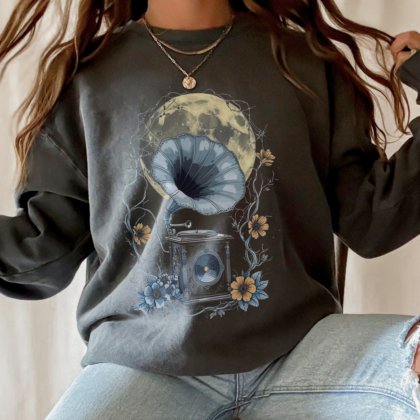 Moonlight Serenade Sweatshirt | Gramophone & Full Moon Design | Comfort Colors Crewneck
