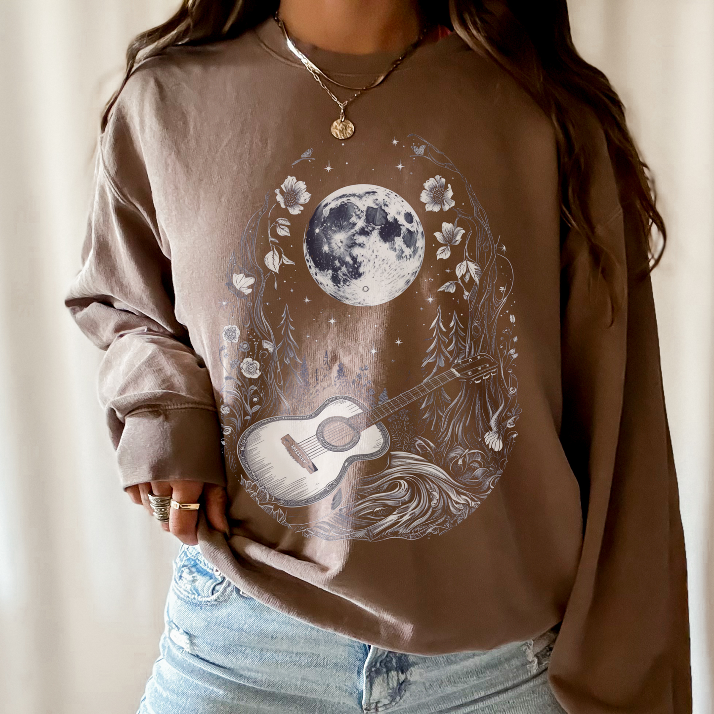 Moonlit Guitar Sweatshirt | Comfort Colors Crewneck | Forest Music Art
