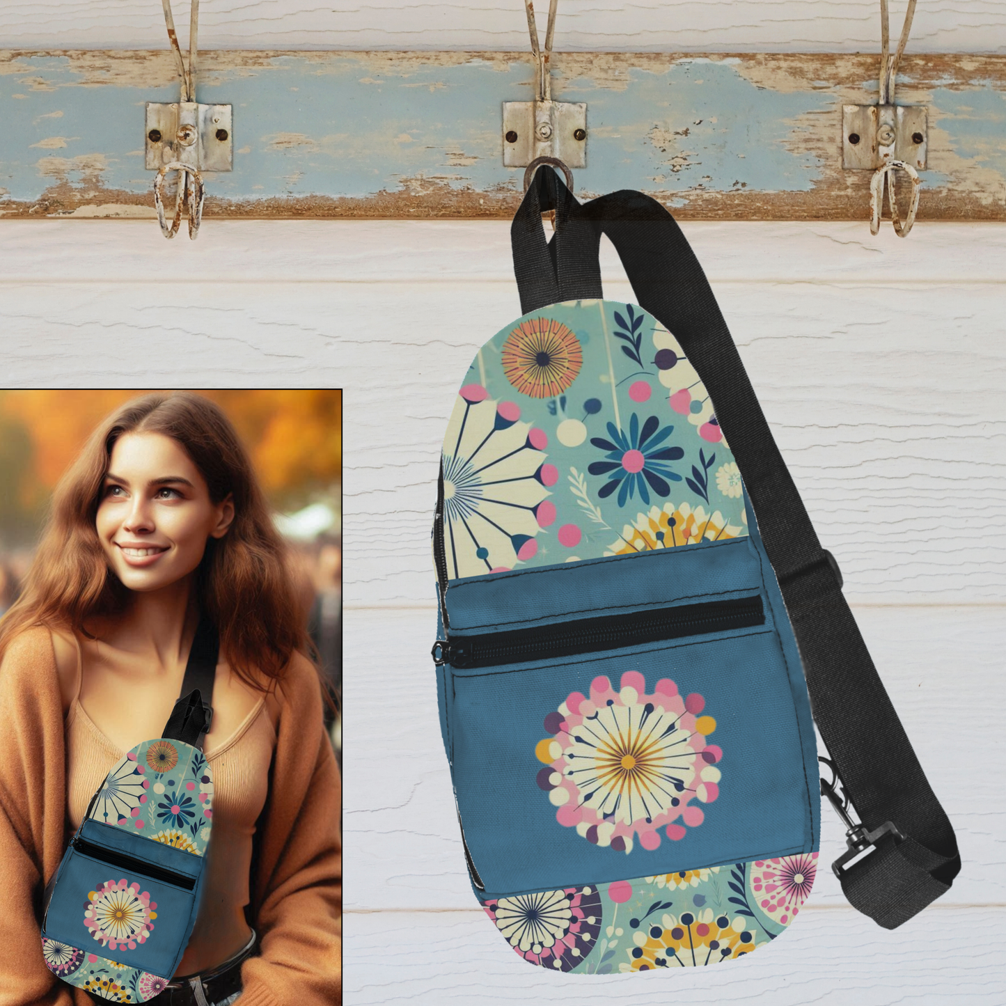 Crossbody Sling Bag with Retro Dandelions - Hands-Free, Secure, and Stylish - Vintage Practical Fun for Everyday Adventures