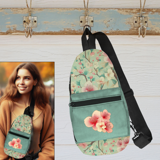 Crossbody Sling Bag with Cheerful, Retro Cherry Blossoms - Hands-Free, Secure, and Stylish - Vintage Fun for Walking, Travel, Concerts