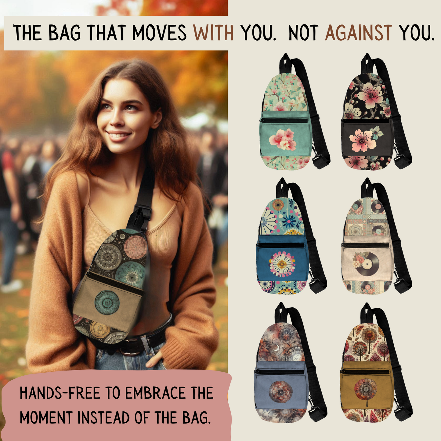 Crossbody Sling Bag with Whimsical Retro Design - Hands-Free, Secure, and Stylish - Year-Round Color Scheme - Perfect for Everyday Adventures