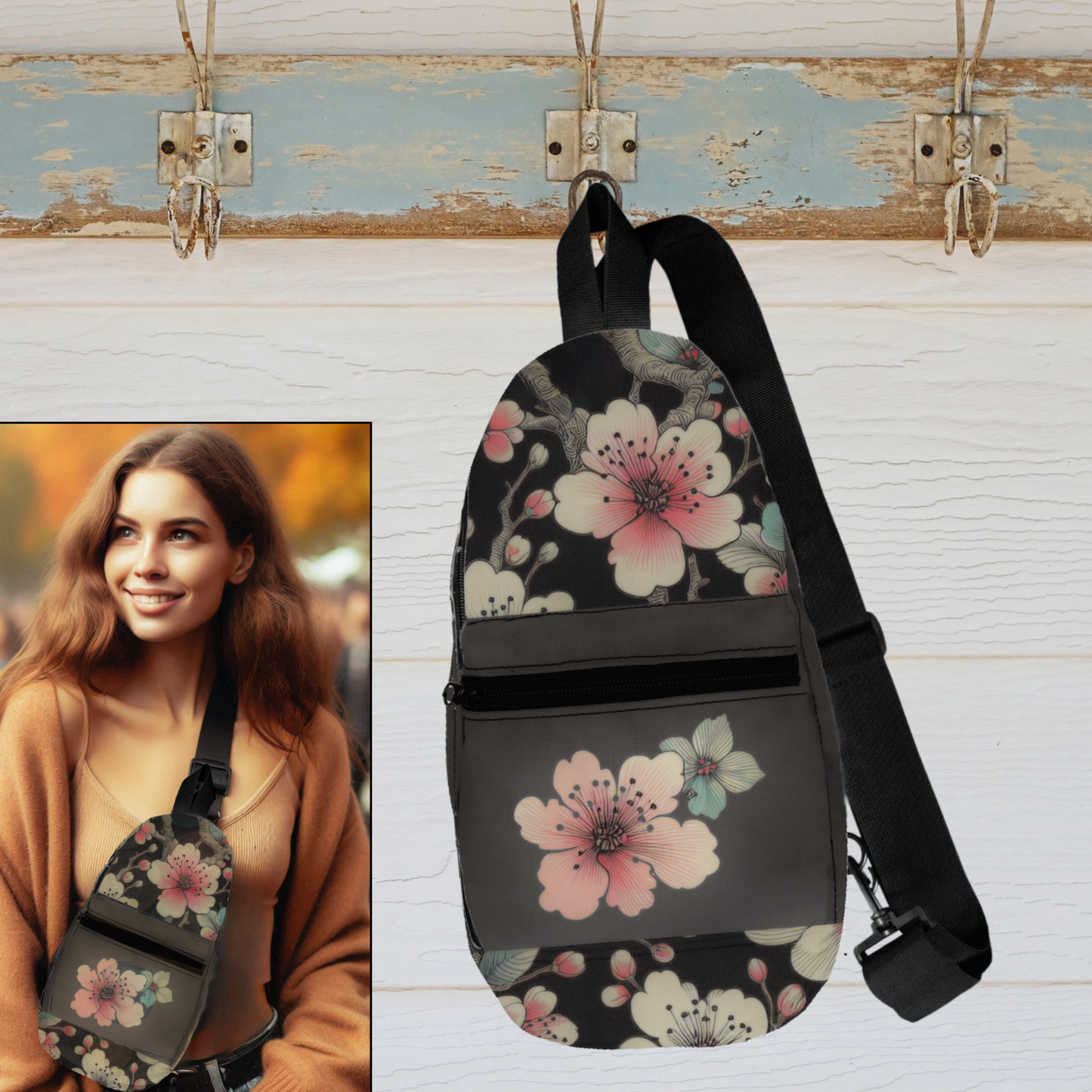 Crossbody Sling Bag with Retro Cherry Blossoms - Hands-Free, Secure, and Stylish - Vibrant & Playful Design - Perfect for Everyday Adventures