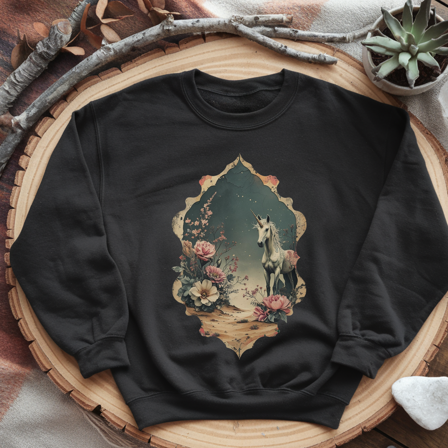 Starry Desert Unicorn Sweatshirt | Mystical Fairytale Pullover | Moody Enchanted Fantasy Crewneck