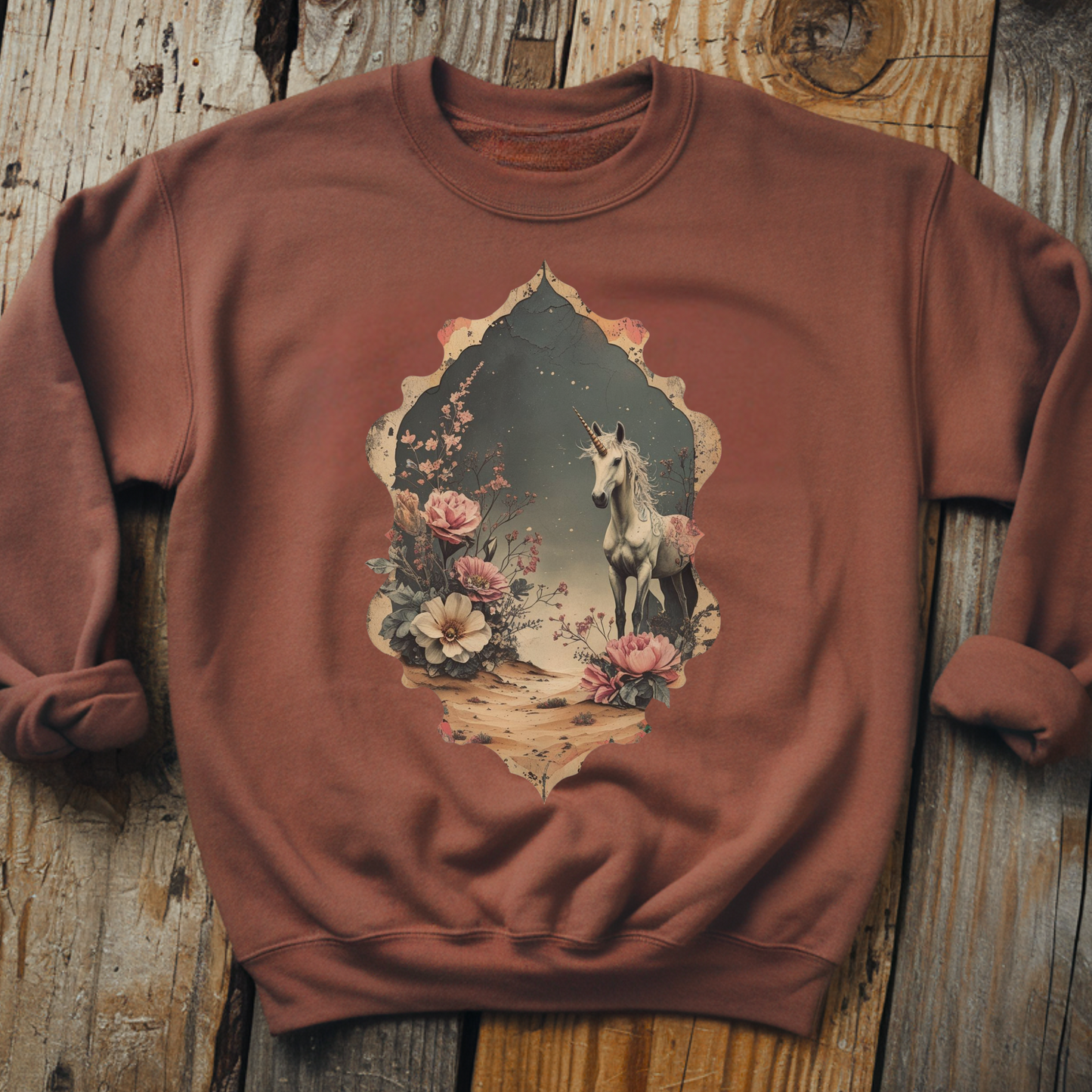 Starry Desert Unicorn Sweatshirt | Mystical Fairytale Pullover | Moody Enchanted Fantasy Crewneck