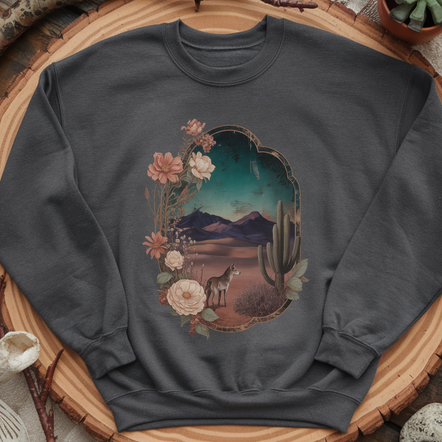 Desert Night Coyote Sweatshirt | Southwestern Floral Pullover