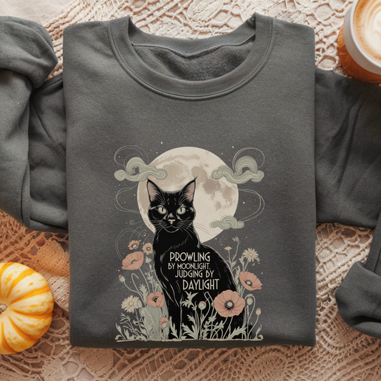 Prowling by Moonlight Judging by Daylight Sweatshirt | Black Cat Pullover | Mystical Moonlit Crewneck