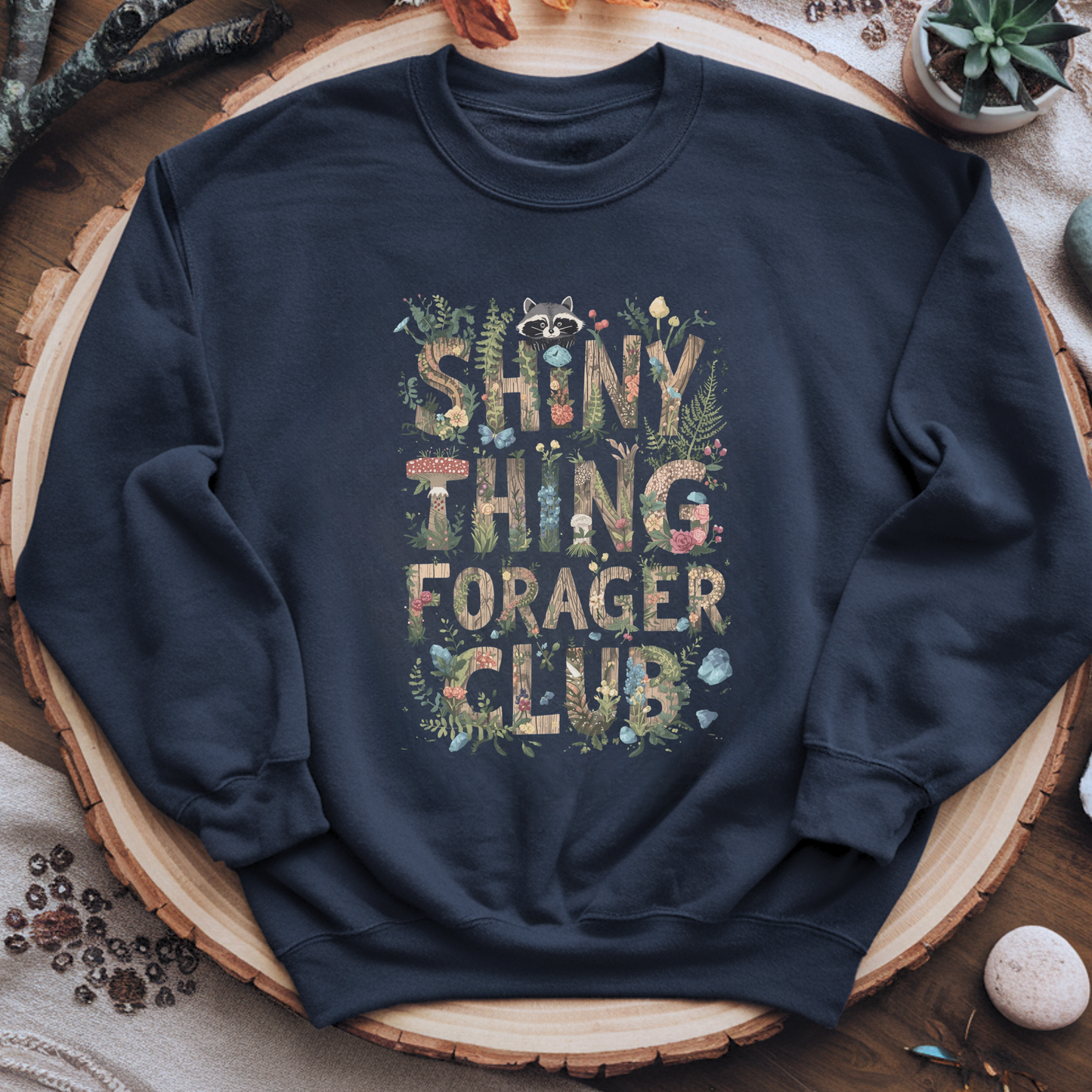 Shiny Thing Forager Club Sweatshirt | Whimsical Raccoon Pullover | Woodland Fantasy Crewneck