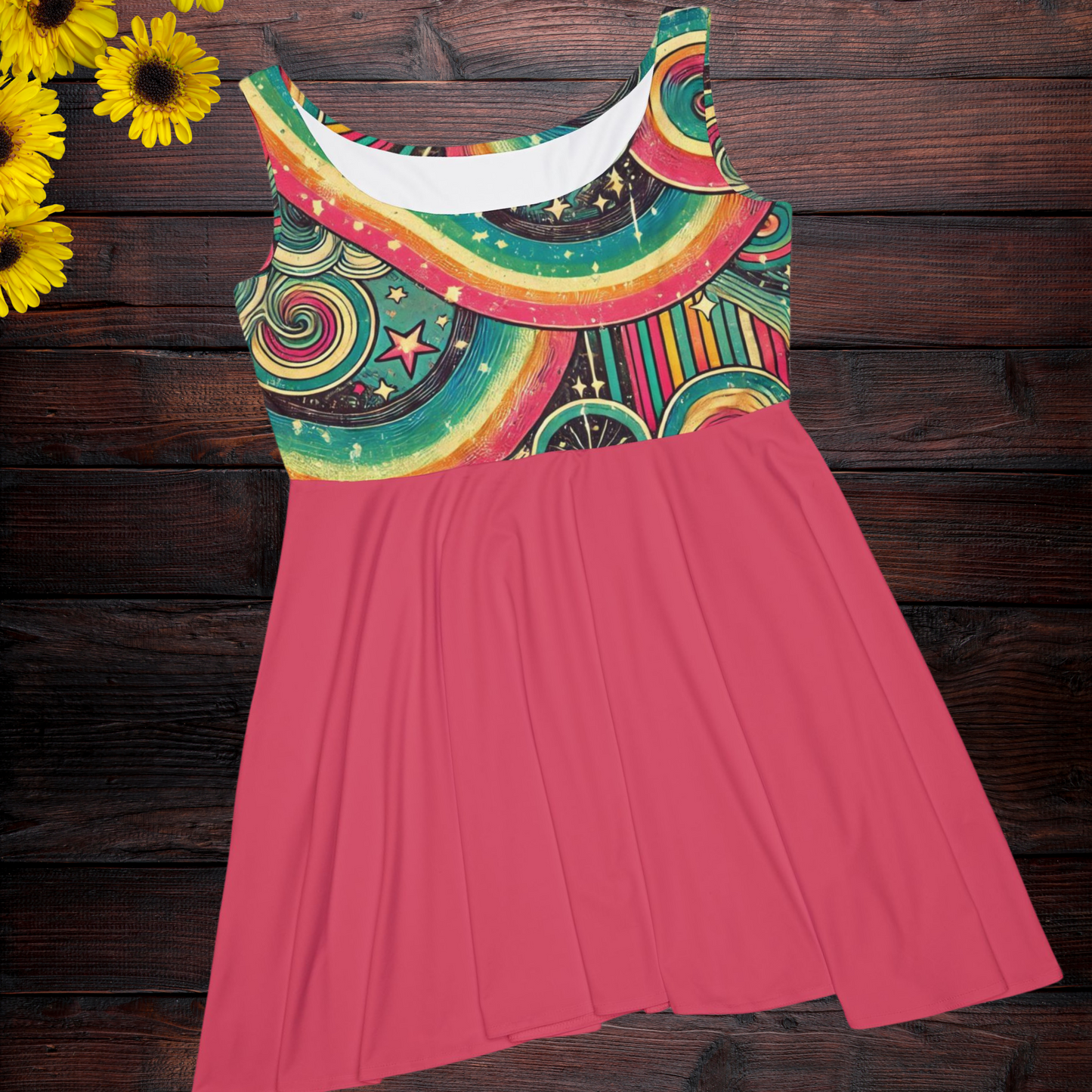 Skater Dress - Bold Cosmic Rainbow Swirls & Stripes