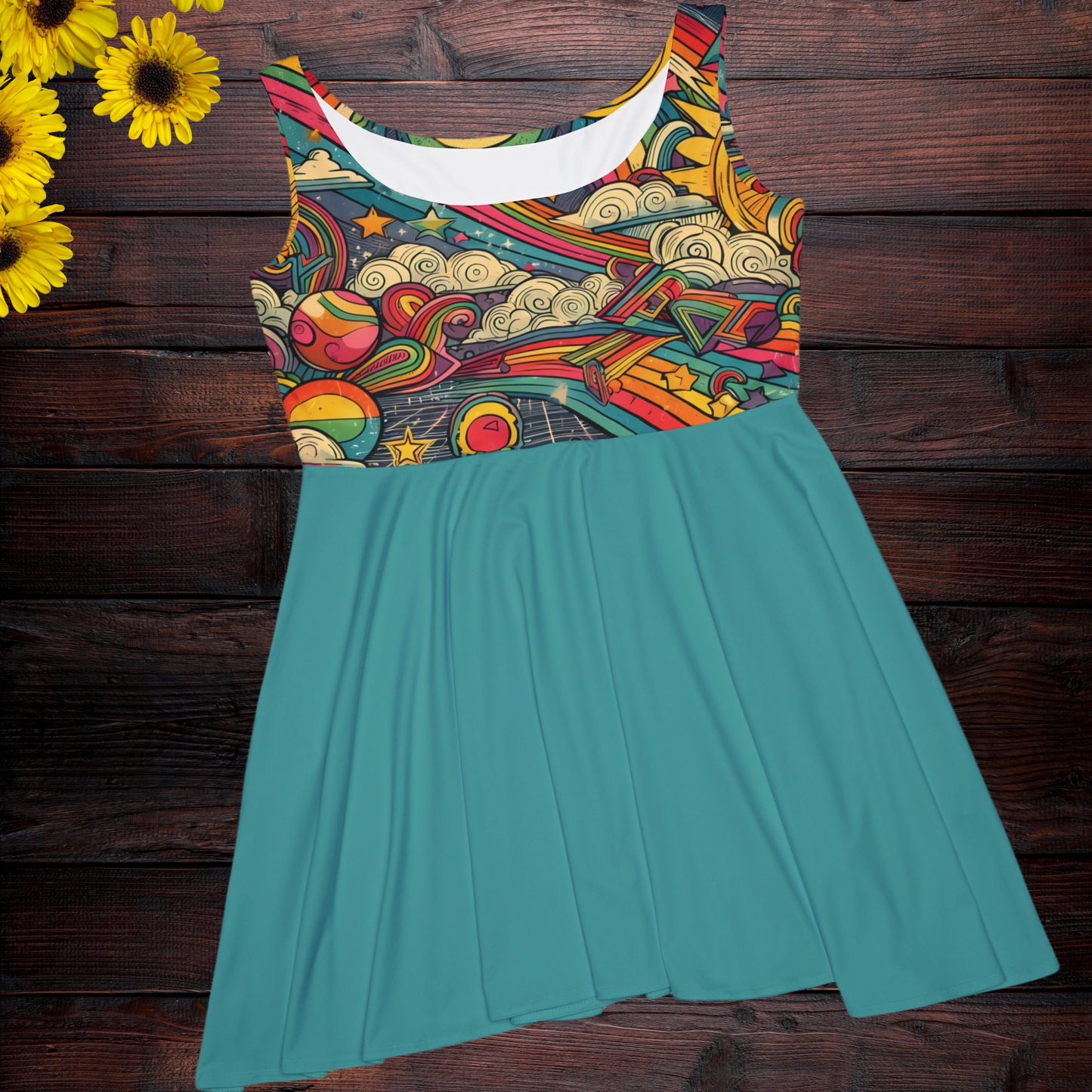 Skater Dress - 80s Arcade Rainbows and Clouds