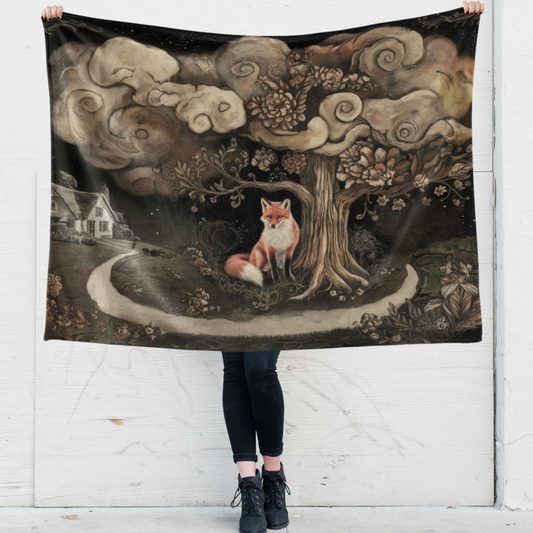 Whimsical Fox Under Moonlit Tree | Dark Cottagecore 60x50 Fleece Throw Blanket