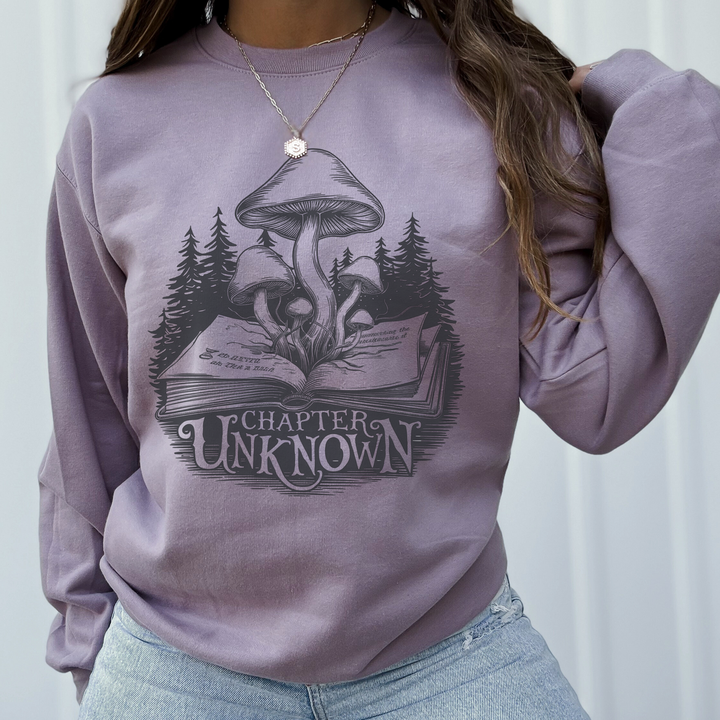 Mushroom Book Forest Sweatshirt | "Chapter Unknown" Mystical Literary Unisex Pullover