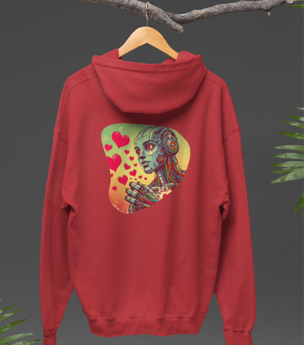 Colorful Whimsical Robot Hearts Hoodie, Retro-Futuristic 80s Print, Unisex Sweatshirt, Fun Thought-Provoking Design, Unique Gift Idea