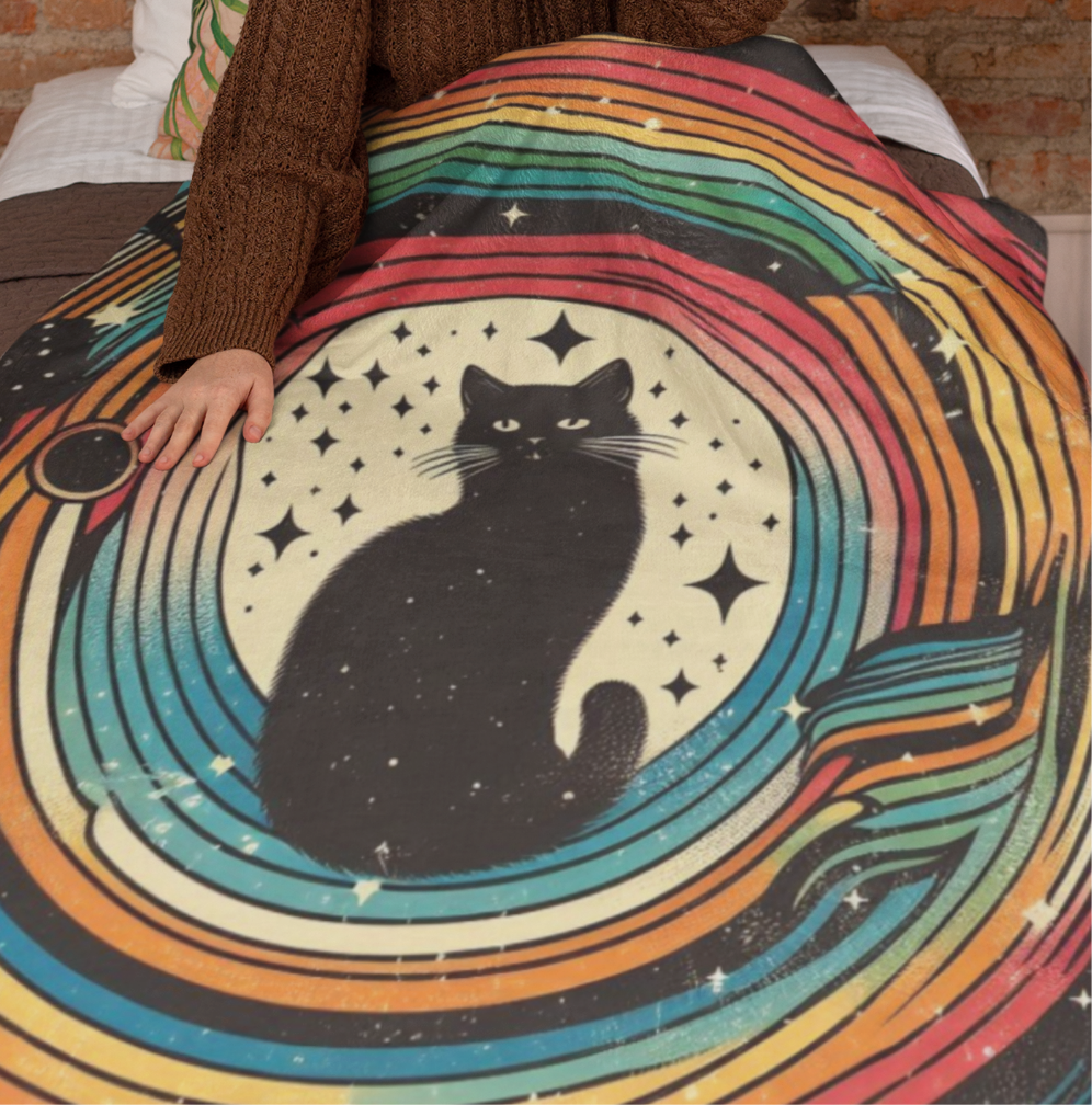 Black Kitty Retro Rainbow Swirl Blanket, Sherpa Fleece - Cozy Soft Warmth with Bold Vintage Inspired Cat Design - Great for Couch or Bedding