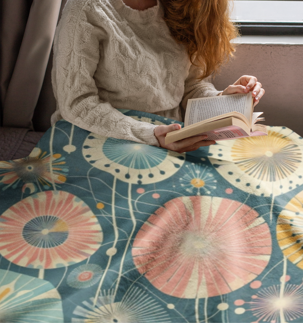 Whimsical Dandelion Pattern Velveteen Plush Blanket - Retro Teal, Pink, & Yellow - Cozy & Soft Kids or Living Room Blanket