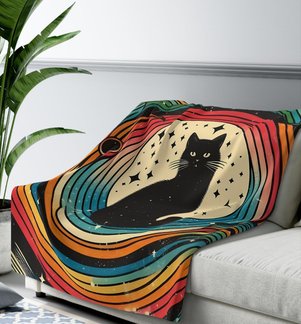 Black Kitty Retro Rainbow Swirl Blanket, Sherpa Fleece - Cozy Soft Warmth with Bold Vintage Inspired Cat Design - Great for Couch or Bedding