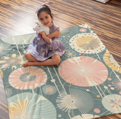 Whimsical Dandelion Pattern Velveteen Plush Blanket - Retro Teal, Pink, & Yellow - Cozy & Soft Kids or Living Room Blanket