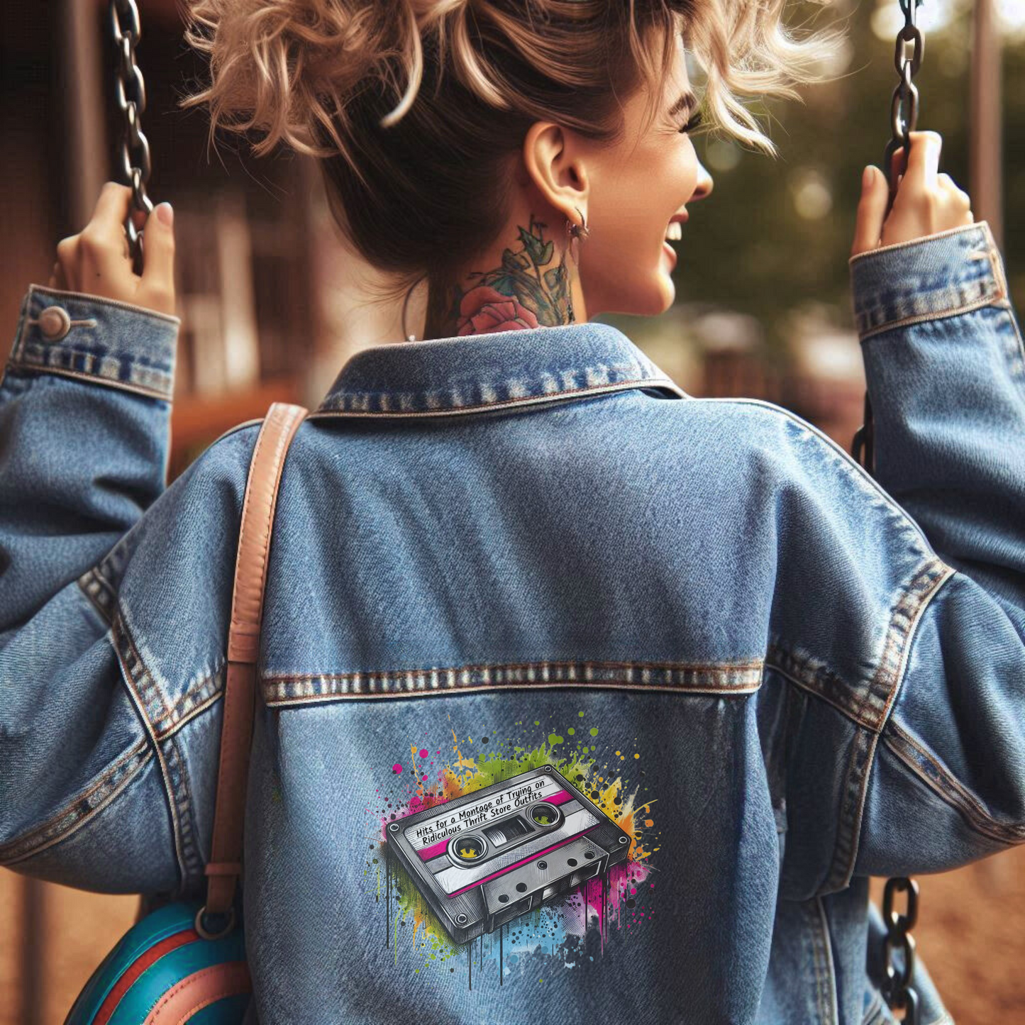 Women's Denim Jacket - "80s Thrift Store Montage Hits" Mixtape Jean Jacket - Hyper-Specific Mixtape Series