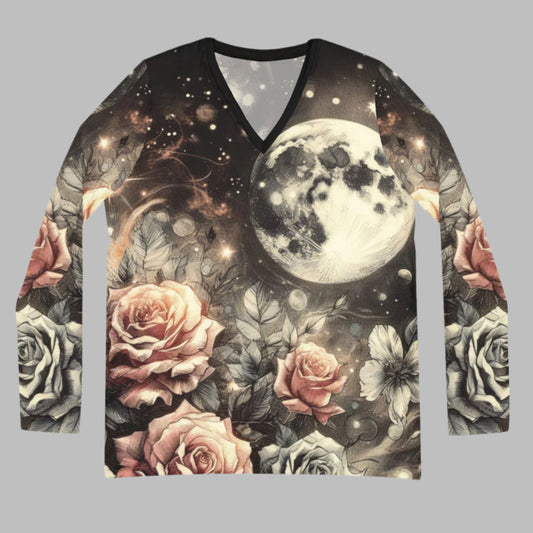 A women's long-sleeve V-neck shirt featuring an all-over print of vintage roses set against a full moon celestial background. The soft, lightweight fabric offers a comfortable fit, blending romantic floral elements with a mystical celestial theme.