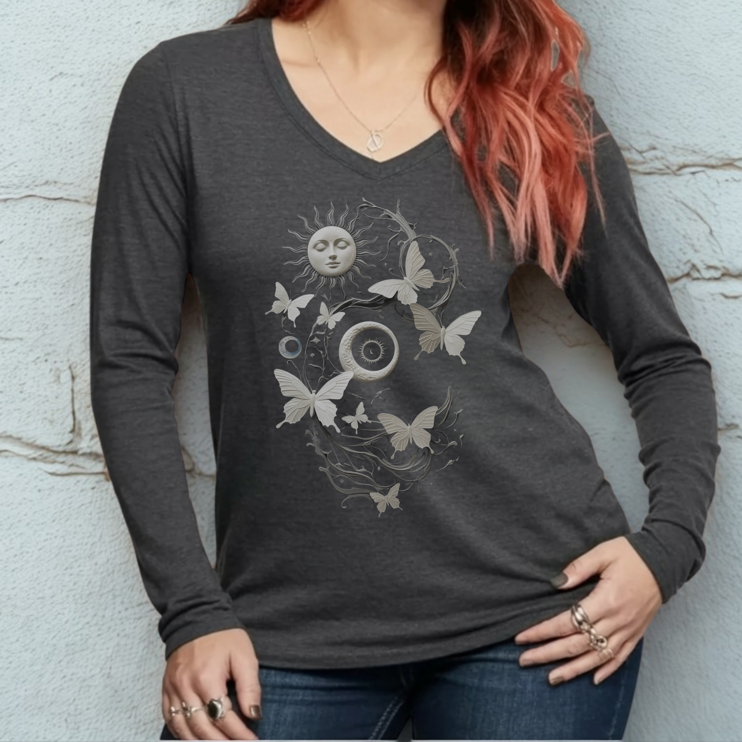 Celestial Sun, Moon, & Butterflies | Dark Academia Women's Tee | Port & Company Long Sleeve V-Neck