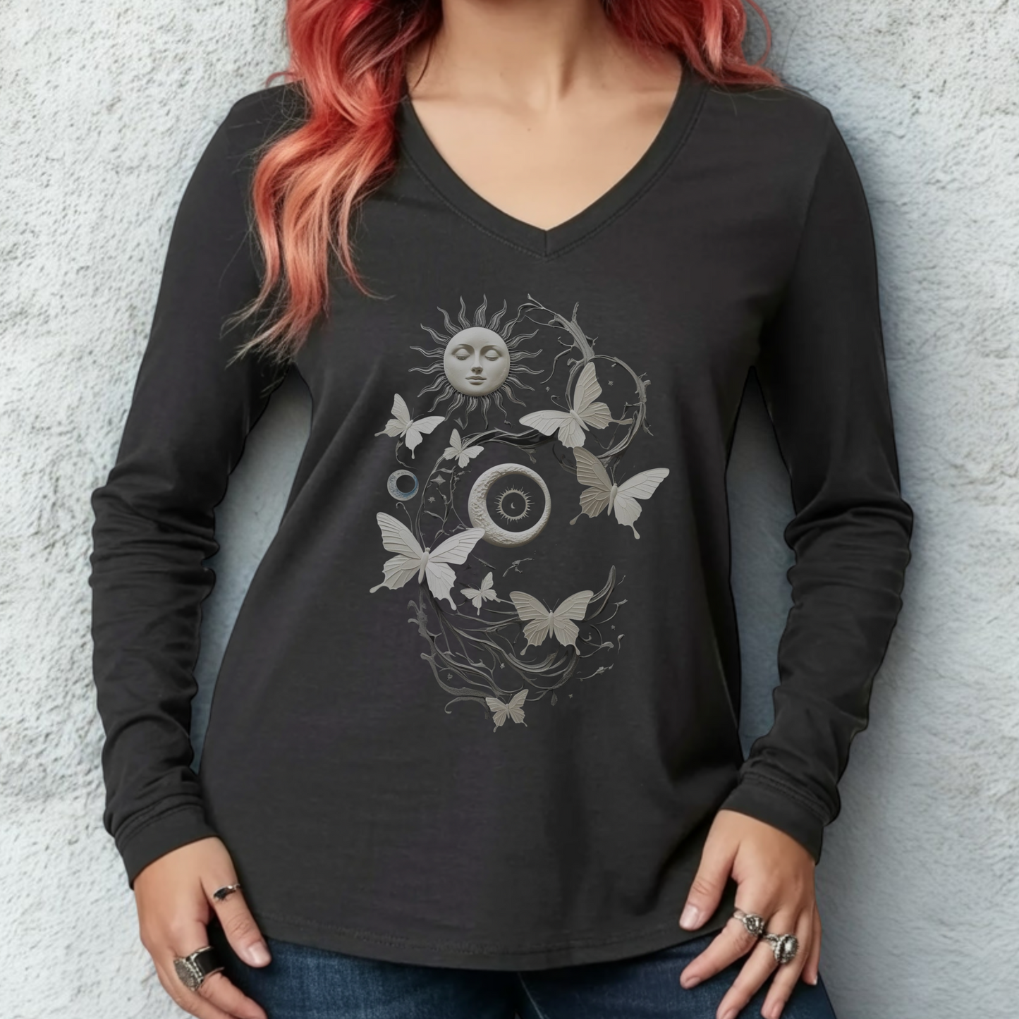 Celestial Sun, Moon, & Butterflies | Dark Academia Women's Tee | Port & Company Long Sleeve V-Neck