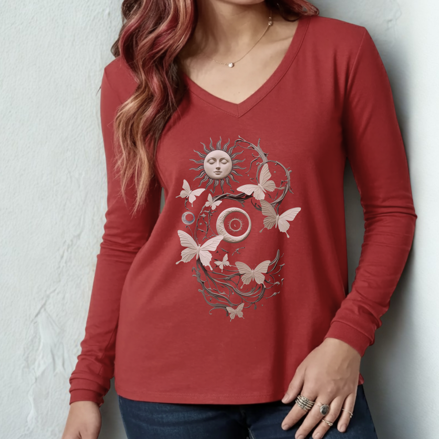 Celestial Sun, Moon, & Butterflies | Dark Academia Women's Tee | Port & Company Long Sleeve V-Neck