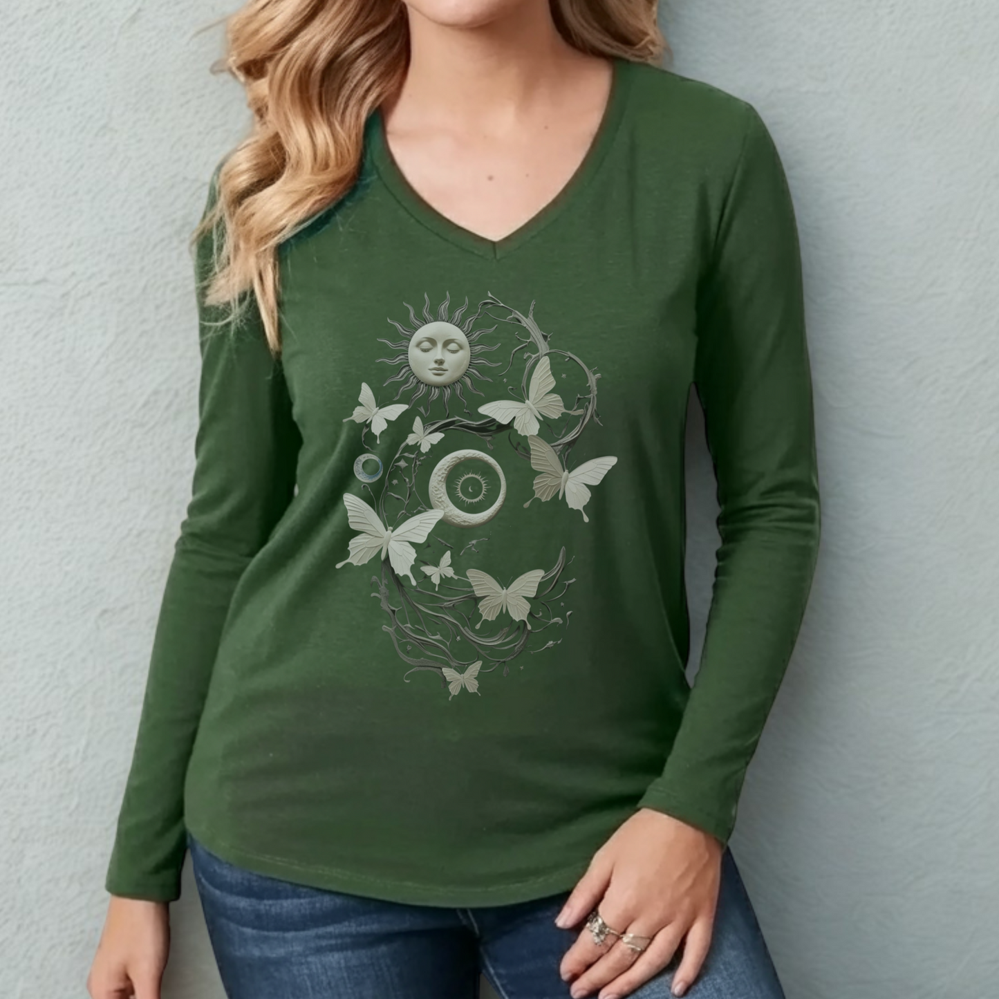 Celestial Sun, Moon, & Butterflies | Dark Academia Women's Tee | Port & Company Long Sleeve V-Neck