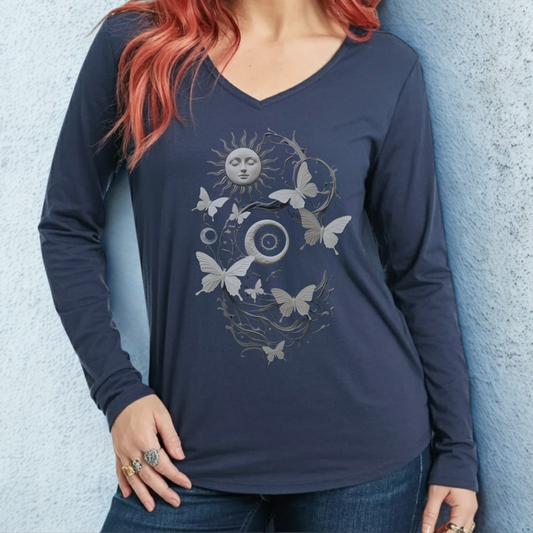 Celestial Sun, Moon, & Butterflies | Dark Academia Women's Tee | Port & Company Long Sleeve V-Neck