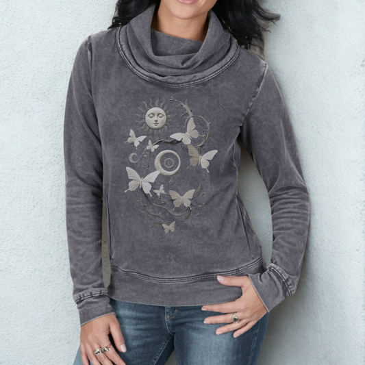 Celestial Sun, Moon, & Butterflies Acid Wash Sweatshirt | J America Ladies' Zen Fleece Cowl Neck
