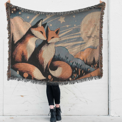 Woven Blanket - Storybook Foxes Under a Full Moon