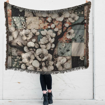 Woven Blanket - Cream Cherry Blossom Patchwork, Romantic Retro Vibes