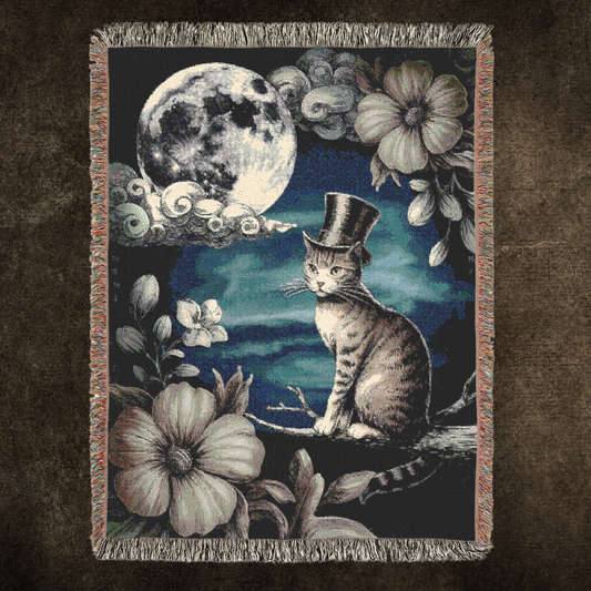 Moonlit Cat Woven Blanket, Whimsical Top Hat Cat Tapestry Throw, Dark Cottagecore Lunar Decor, Fantasy Floral Blanket in 3 Sizes