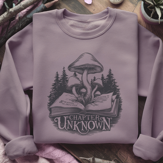 Mushroom Book Forest Sweatshirt | "Chapter Unknown" Mystical Literary Unisex Pullover