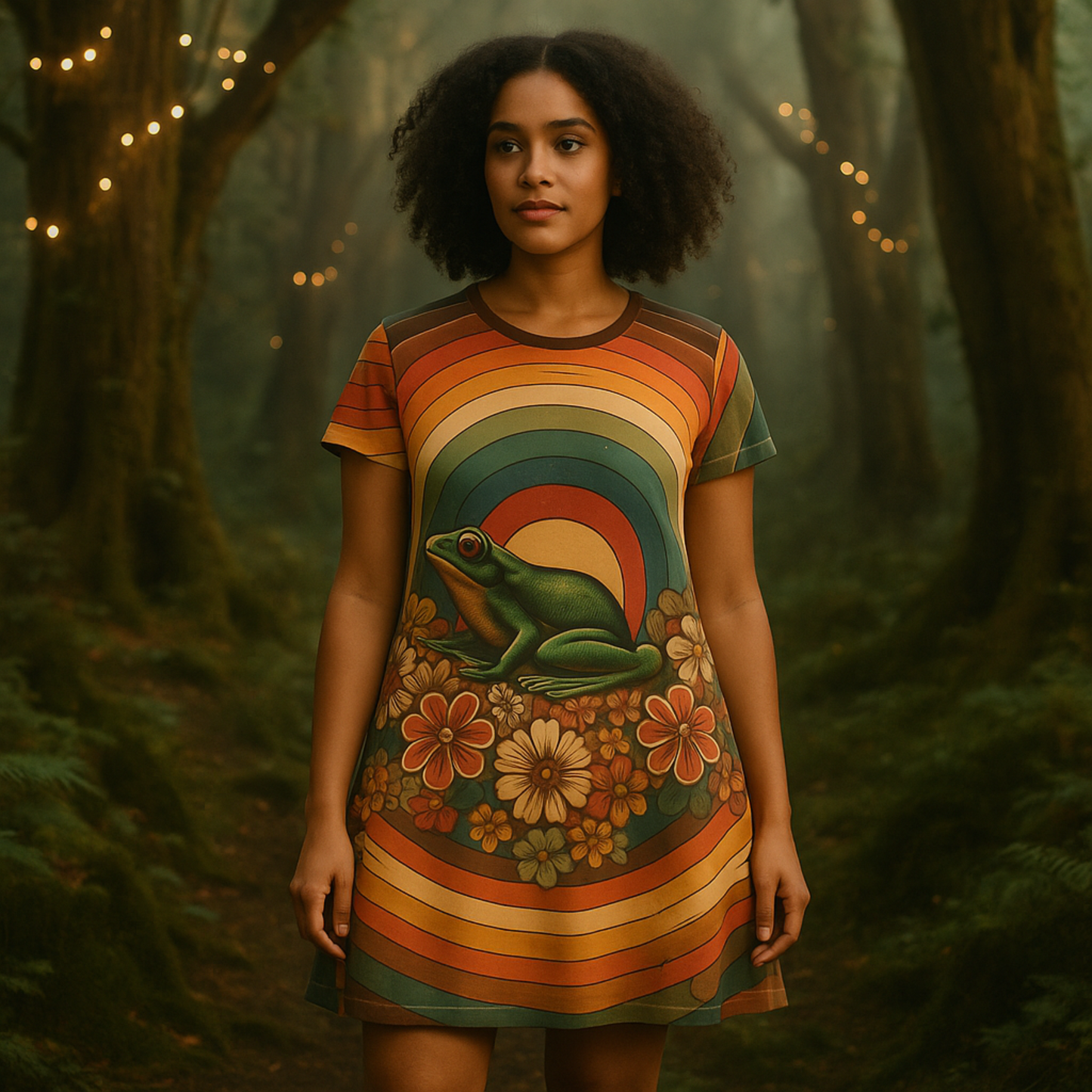 Tunic T-Shirt Dress - Groovy Frog with Rainbows and Florals