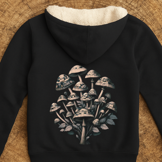 Checkerboard Mushroom Hoodie | Cozy Sherpa Zip-Up Jacket