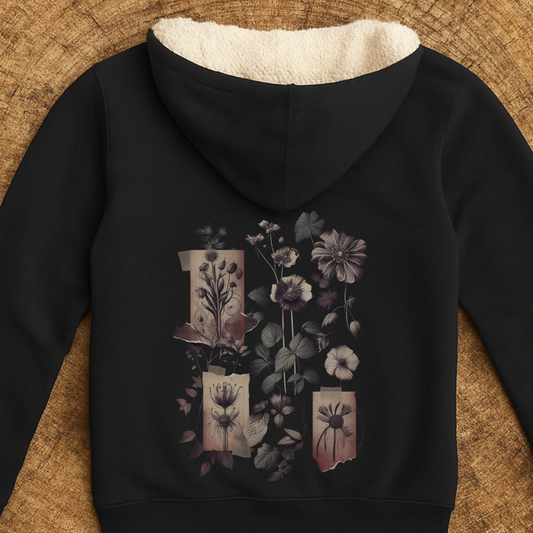 Pressed Flower Hoodie | Botanical Collage Sherpa Zip Jacket | Vintage Dark Cottagecore Aesthetic