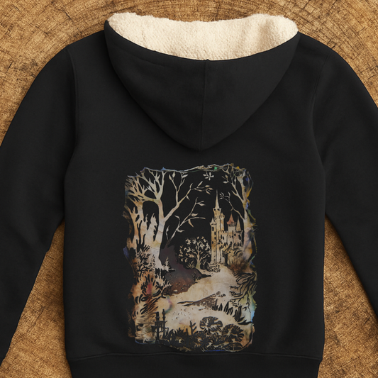 Enchanted Forest Hoodie | Fairytale Castle Sherpa Zip Jacket | Dreamy Black Hoodie