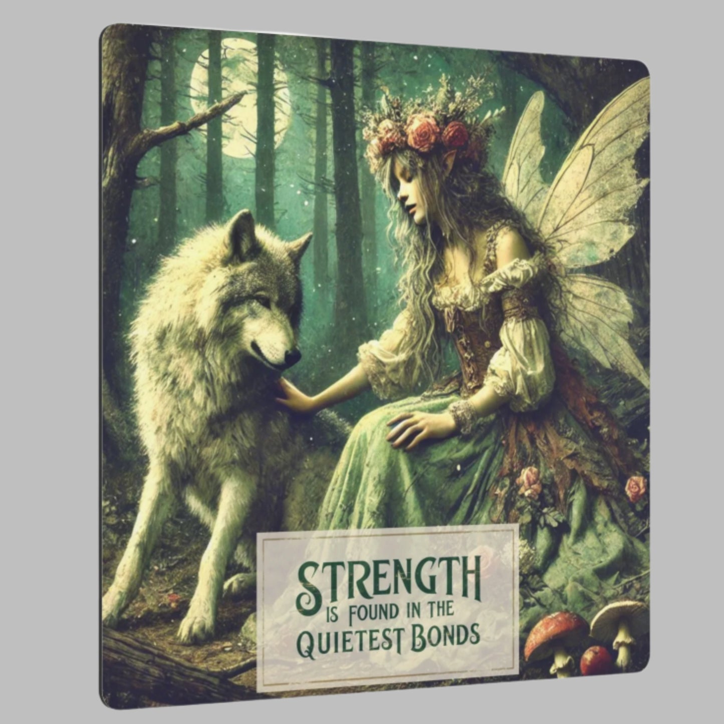 Metal Wall Art - Fairy & Wolf Companion in the Forest Night, "Strength Is Found in the Quietest Bonds"