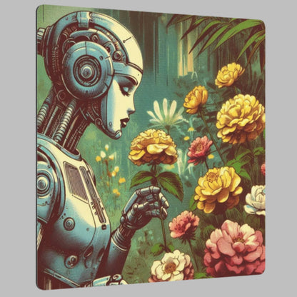 Metal Wall Art - Retro Futuristic Robot Smelling Flowers in Lush Garden